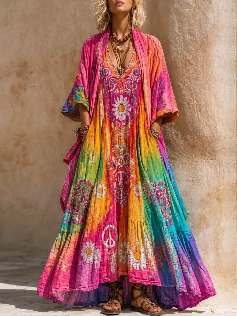 Retro Style Art Printed Vintage Camisole Dress Long Sleeve Two-Piece Maxi Dress